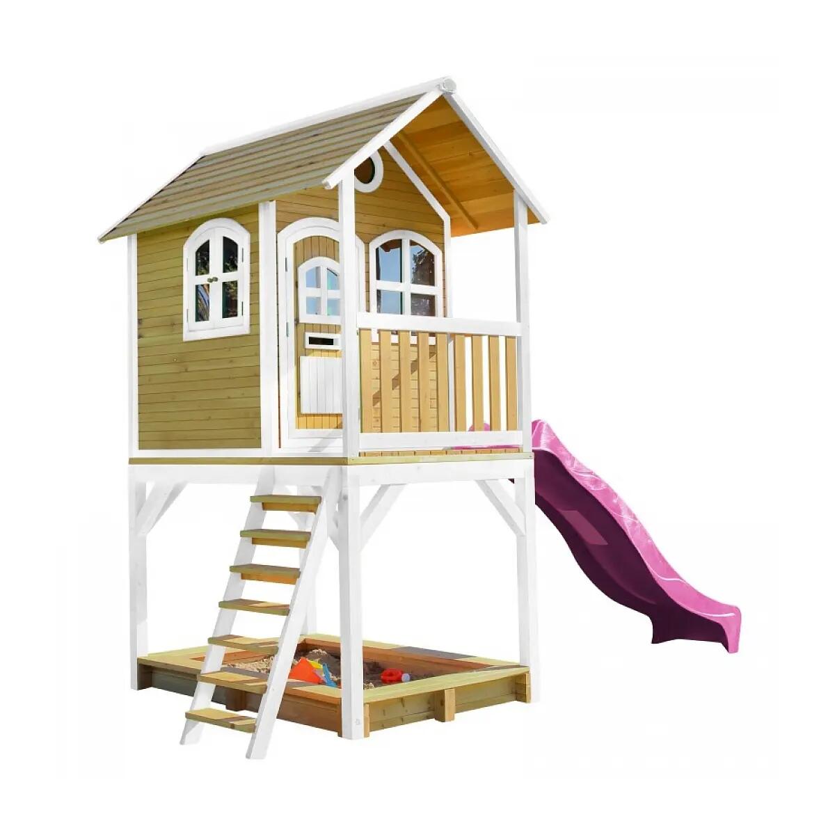 AXI Maisonette SARAH Brown White mit pinkfarbener Rutsche und Sandkasten 2/3