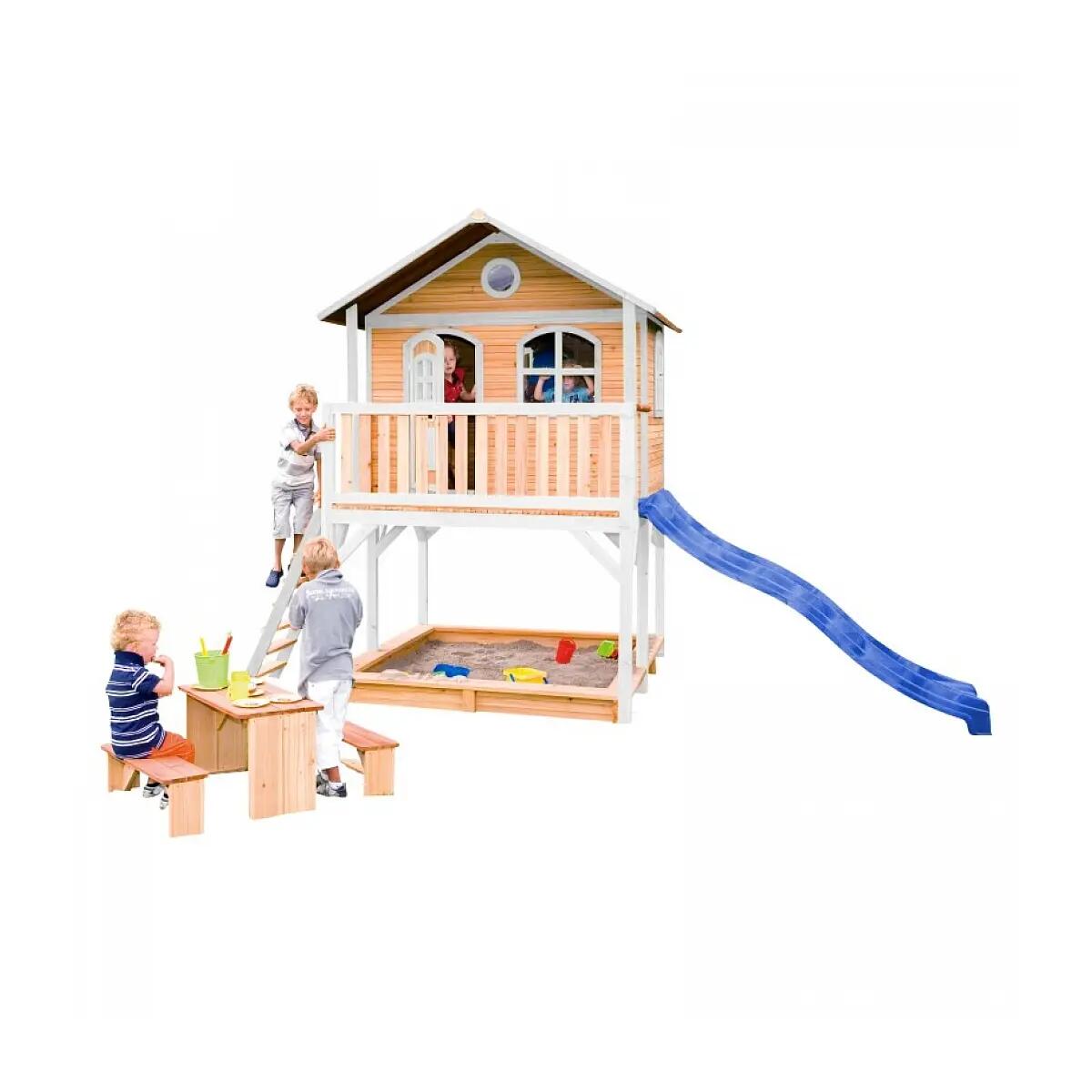 AXI Maisonette MARC Brown White mit blauer Rutsche und Sandkasten 2/3