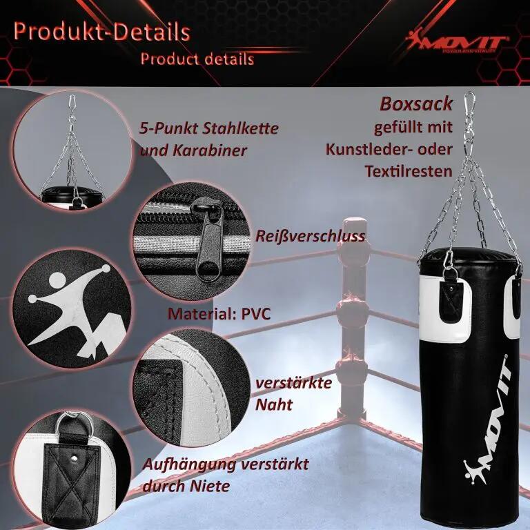 Set sac de box, manusi, bandaje, MOVIT®, 25 kg, pentru adulti, alb