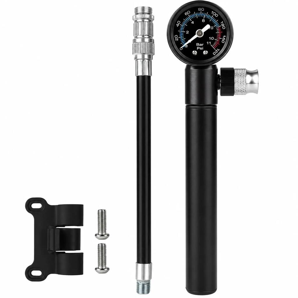 Mini hand bike pump 160 PSI with pressure gauge - aluminium