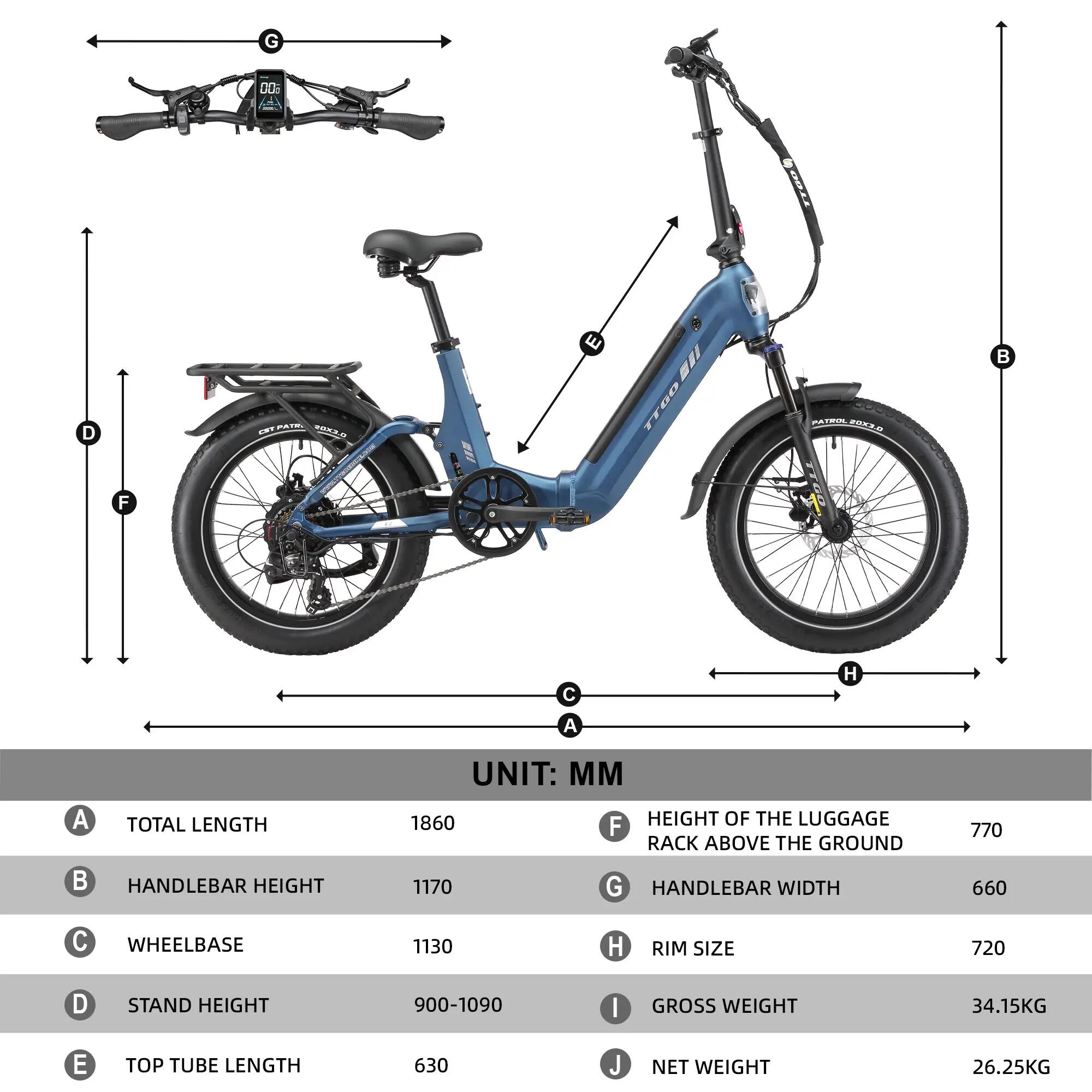 Bici elettrica TTGO F7 motore 250W batteria 48V 15Ah pneumatici 20 pollici 10/10