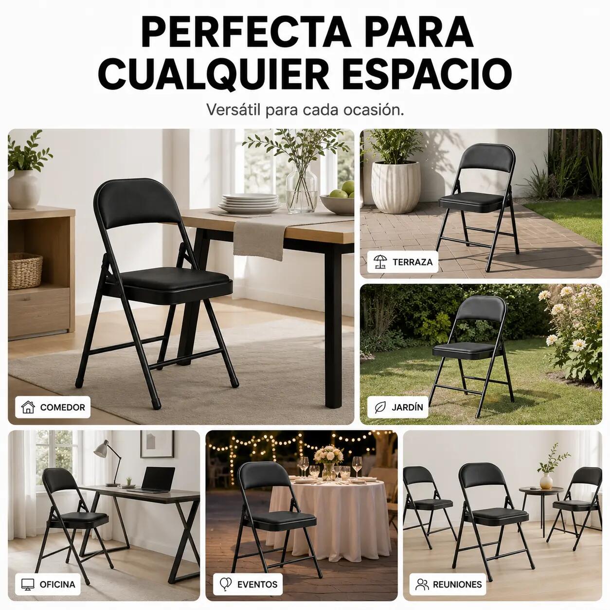 Pack 4 Sillas Plegables Acolchada De Acero Negro 6/7