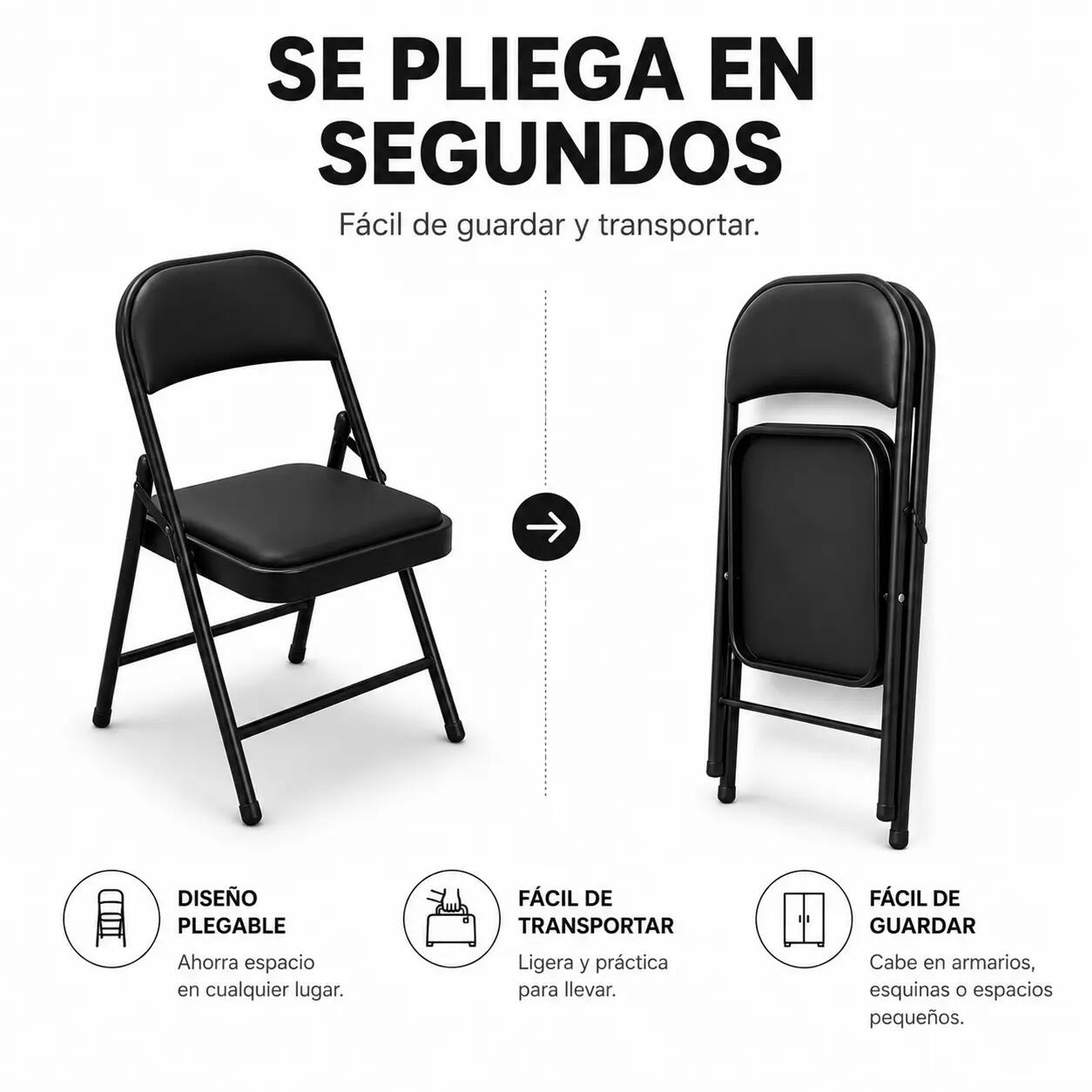 Pack 4 Sillas Plegables Acolchada De Acero Negro 4/7