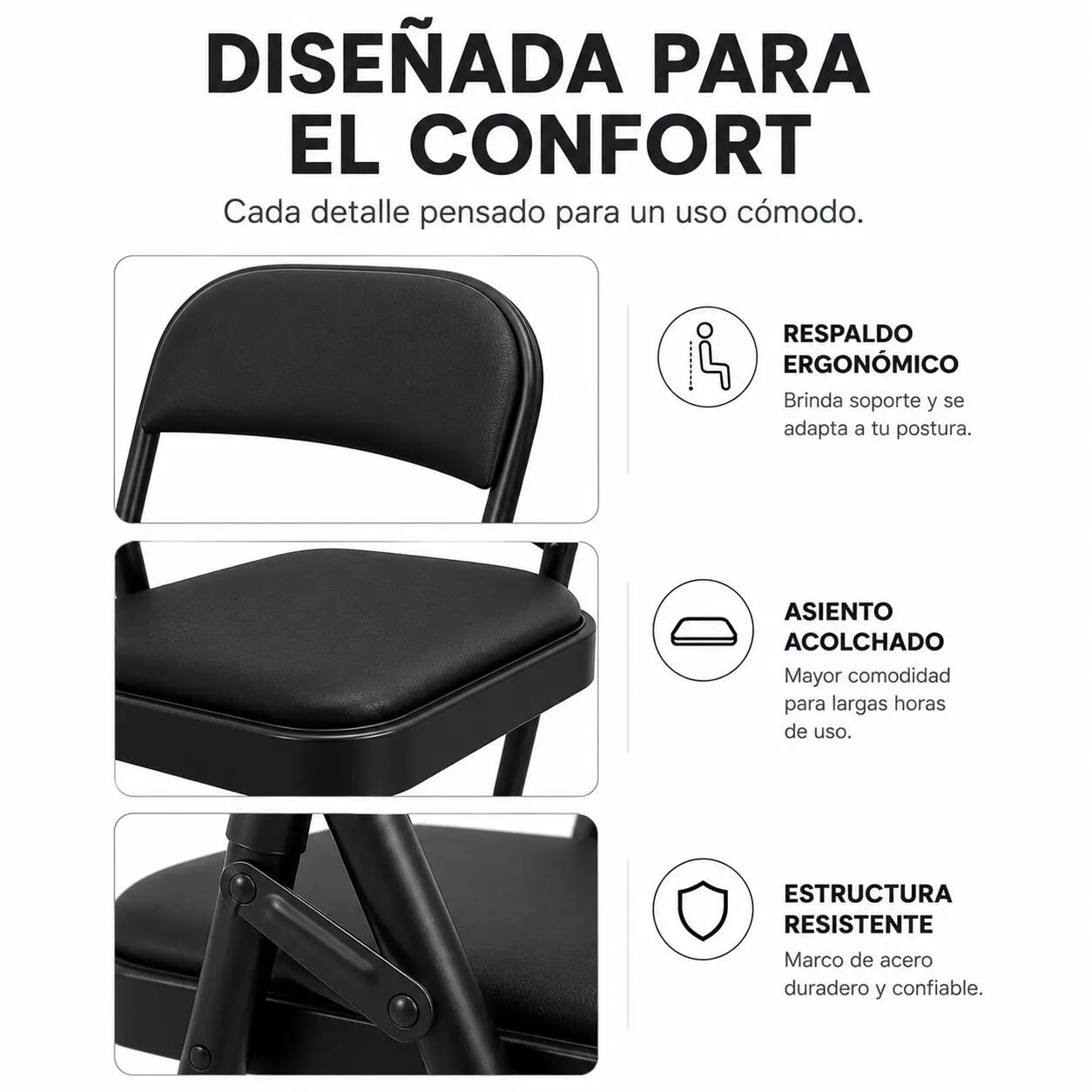 Pack 4 Sillas Plegables Acolchada De Acero Negro 3/7