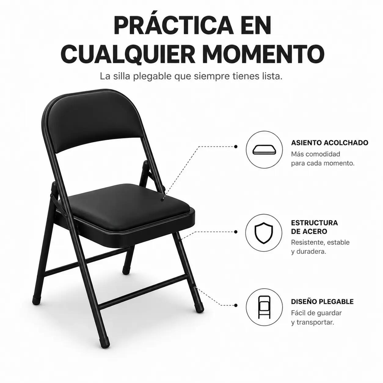 Pack 4 Sillas Plegables Acolchada De Acero Negro 2/7