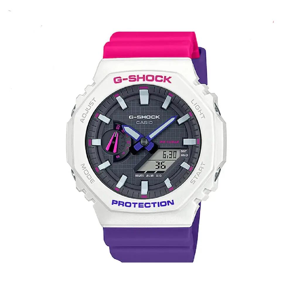 Casio G-Shock GA-2100THB-7A featuring a white bezel with pink and purple