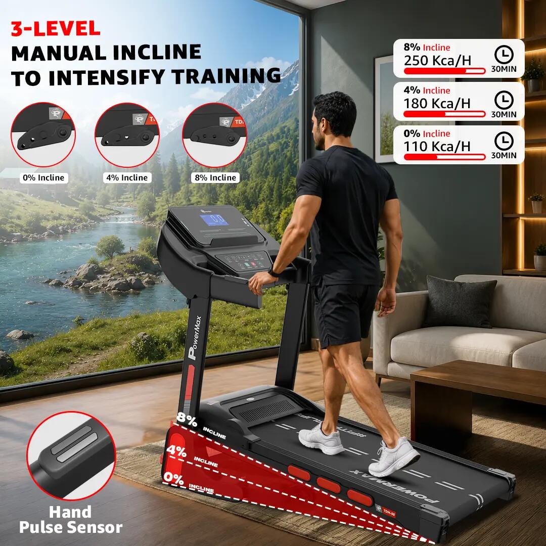 PowerMax Fitness TDM-98 4HP Foldable Motorized Manual Incline Treadmill for Home Use, 110kg Max User, Top Speed-12kmph, Heart Rate Sensors, AUX, Speaker, USB, LED Display, Black -  3