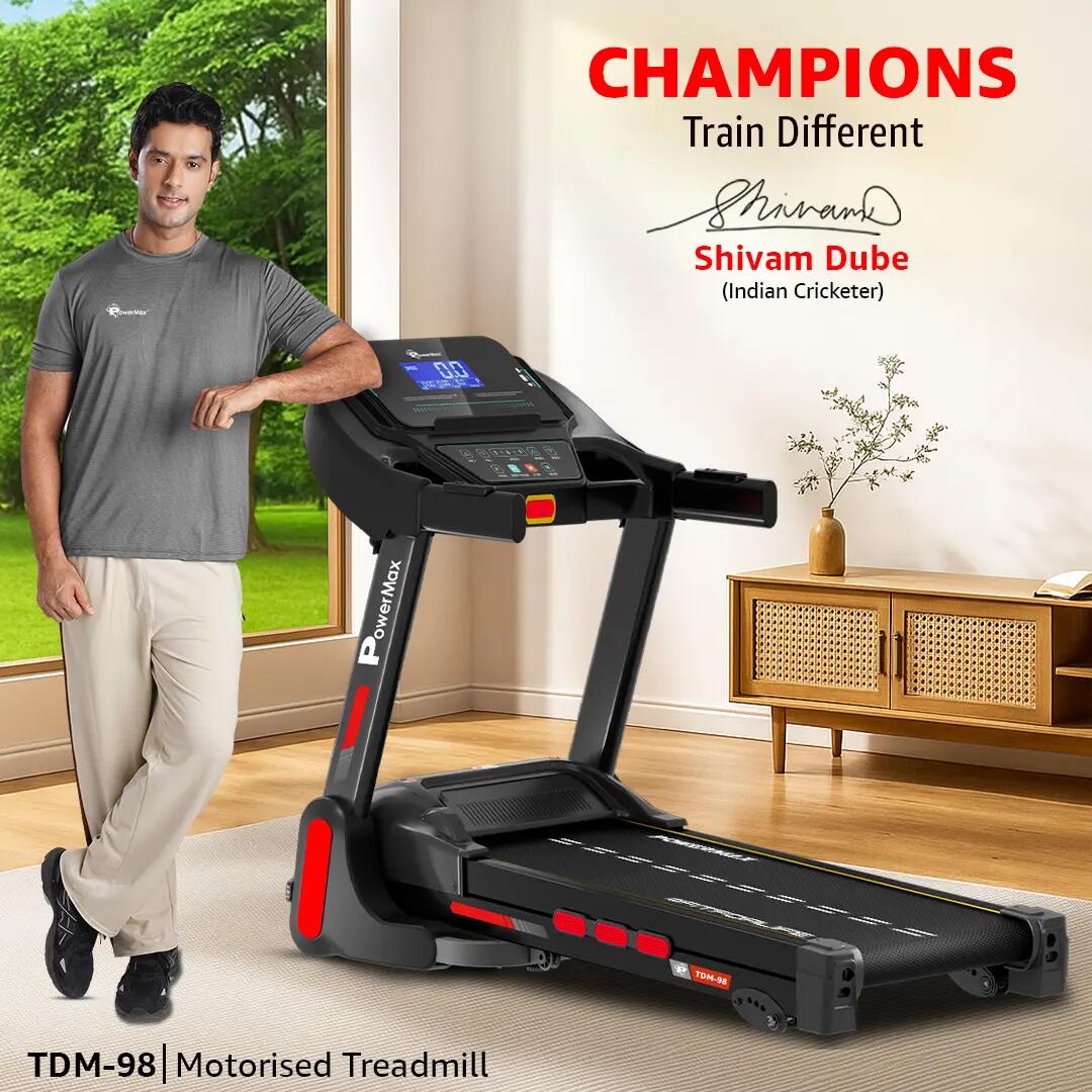 PowerMax Fitness TDM-98 4HP Foldable Motorized Manual Incline Treadmill for Home Use, 110kg Max User, Top Speed-12kmph, Heart Rate Sensors, AUX, Speaker, USB, LED Display, Black -  2