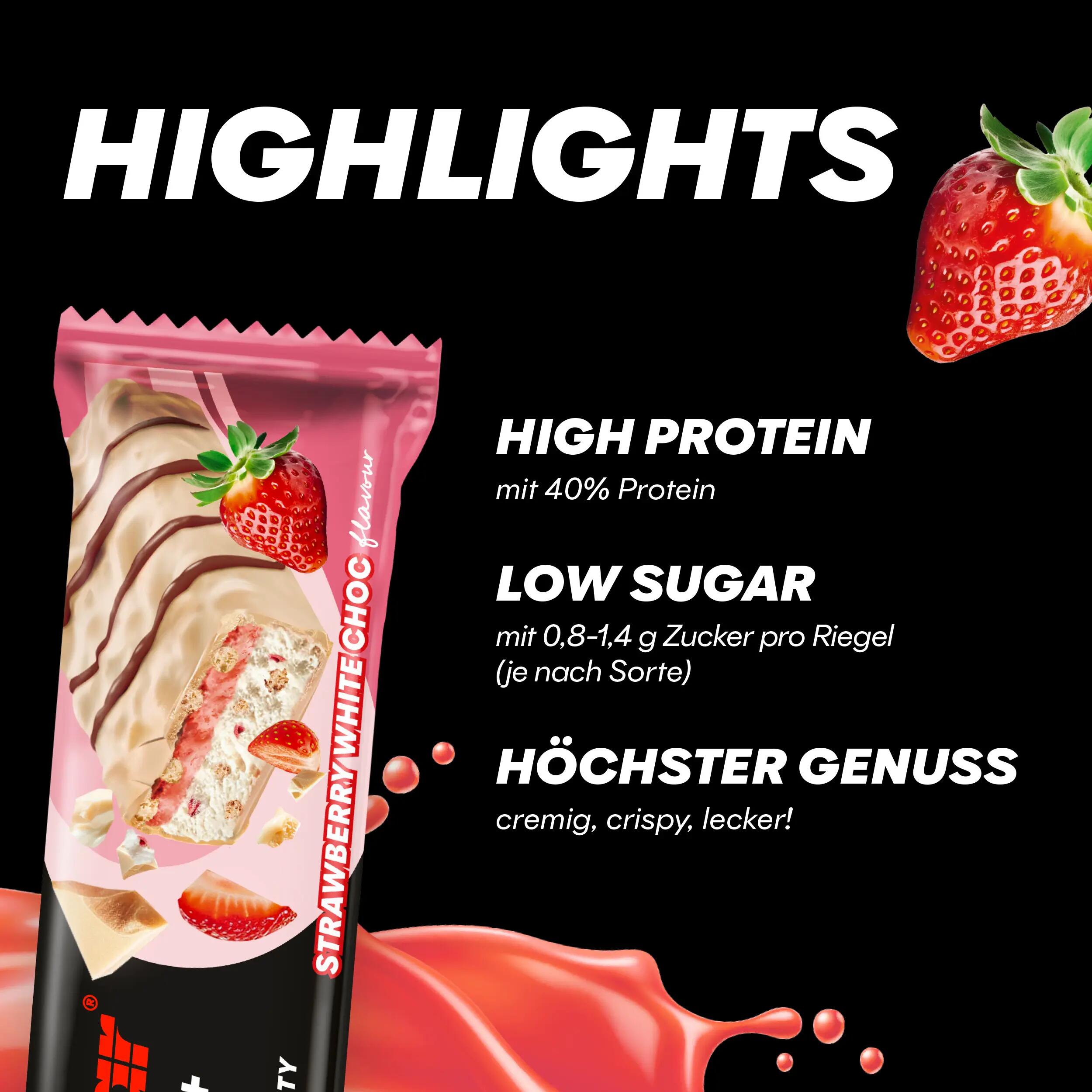 High Protein Riegel Strawberry White Choc 40% Protein + Crisp 12x 40 g 4/7