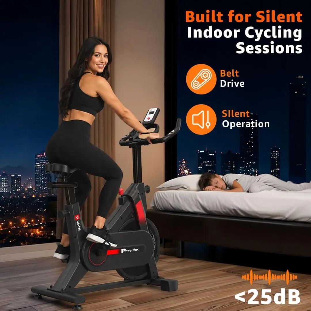 PowerMax Fitness BS-128 Spin Exercise Bike for Home Use with 6KG Flywheel, Belt Drive System, Friction Resistance, LCD Display, Anti-Slip Pedals, Adjustable Seat & Handlebar -  4