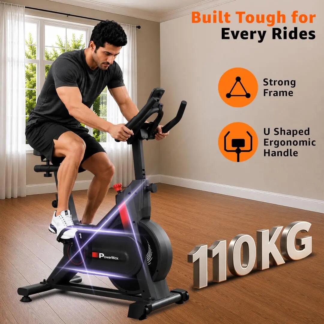 PowerMax Fitness BS-128 Spin Exercise Bike for Home Use with 6KG Flywheel, Belt Drive System, Friction Resistance, LCD Display, Anti-Slip Pedals, Adjustable Seat & Handlebar -  3