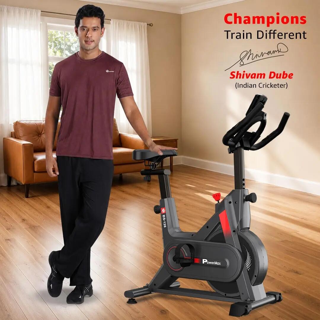 PowerMax Fitness BS-128 Spin Exercise Bike for Home Use with 6KG Flywheel, Belt Drive System, Friction Resistance, LCD Display, Anti-Slip Pedals, Adjustable Seat & Handlebar -  2