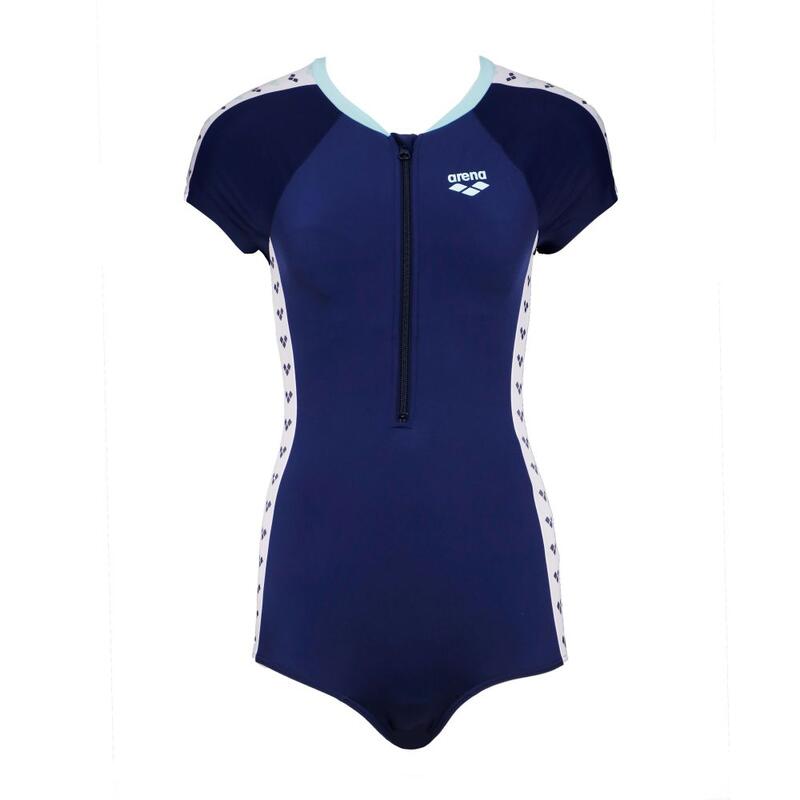 女士泳衣 簡約短袖雙層連身泳衣 - 軍藍色