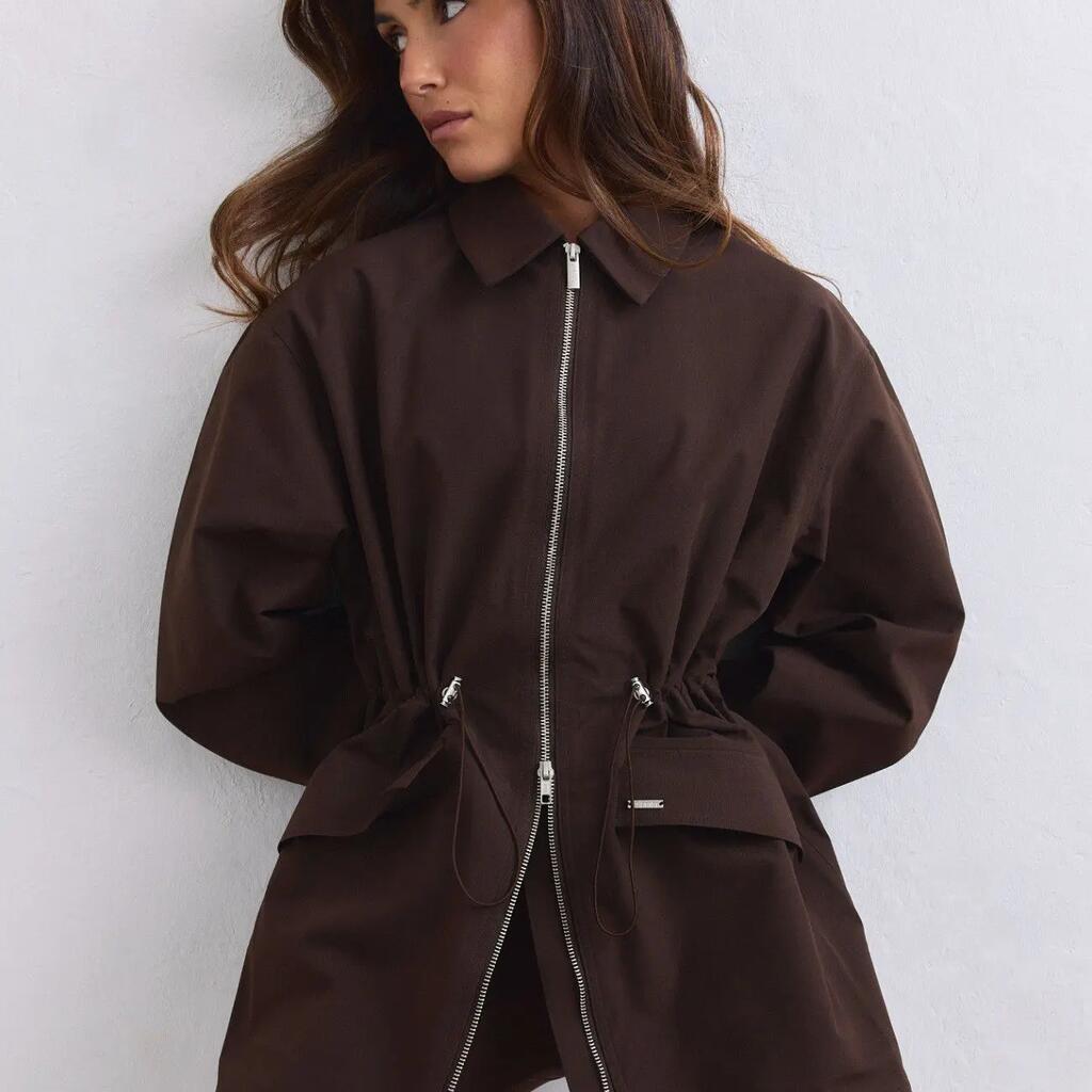Women's Jacket Waterproof Two-Way Zip Adjustable Waist Chocolate Brown