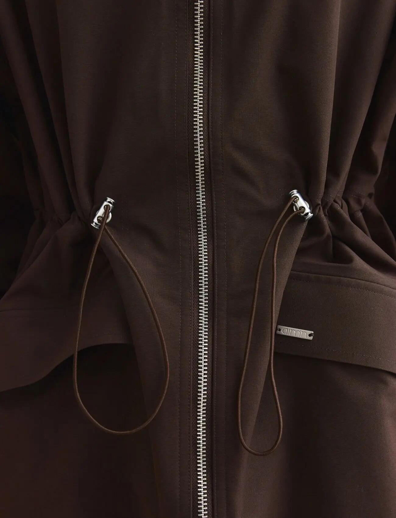 Mujer Chaqueta Impermeable Cremallera 2 Vías Cintura Ajustable Marrón Chocolate 5/7