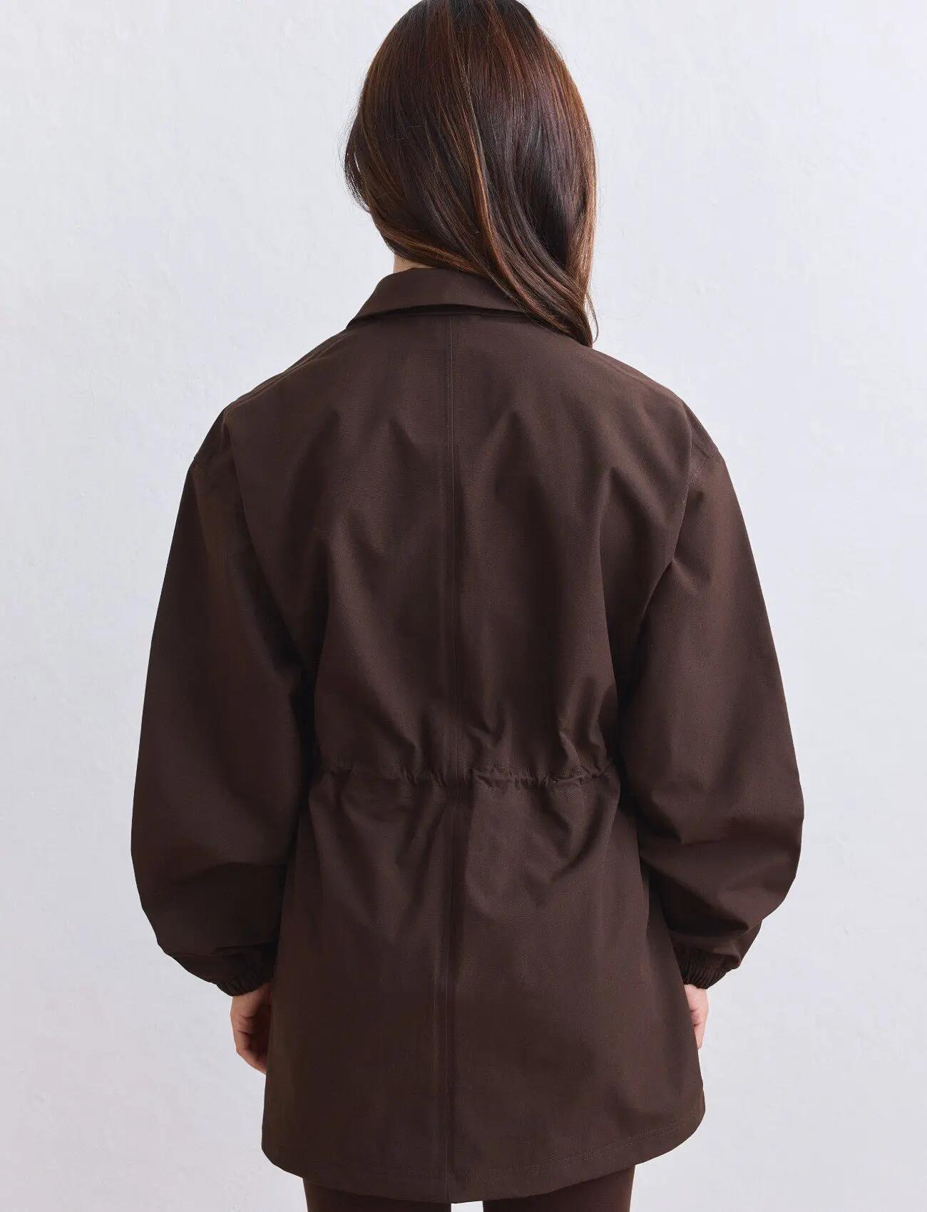 Mujer Chaqueta Impermeable Cremallera 2 Vías Cintura Ajustable Marrón Chocolate 3/7