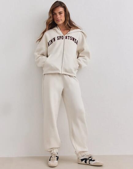 Femme Pantalon de Survêtement Jersey Gratté Taille Mi-Haute Classique Crème