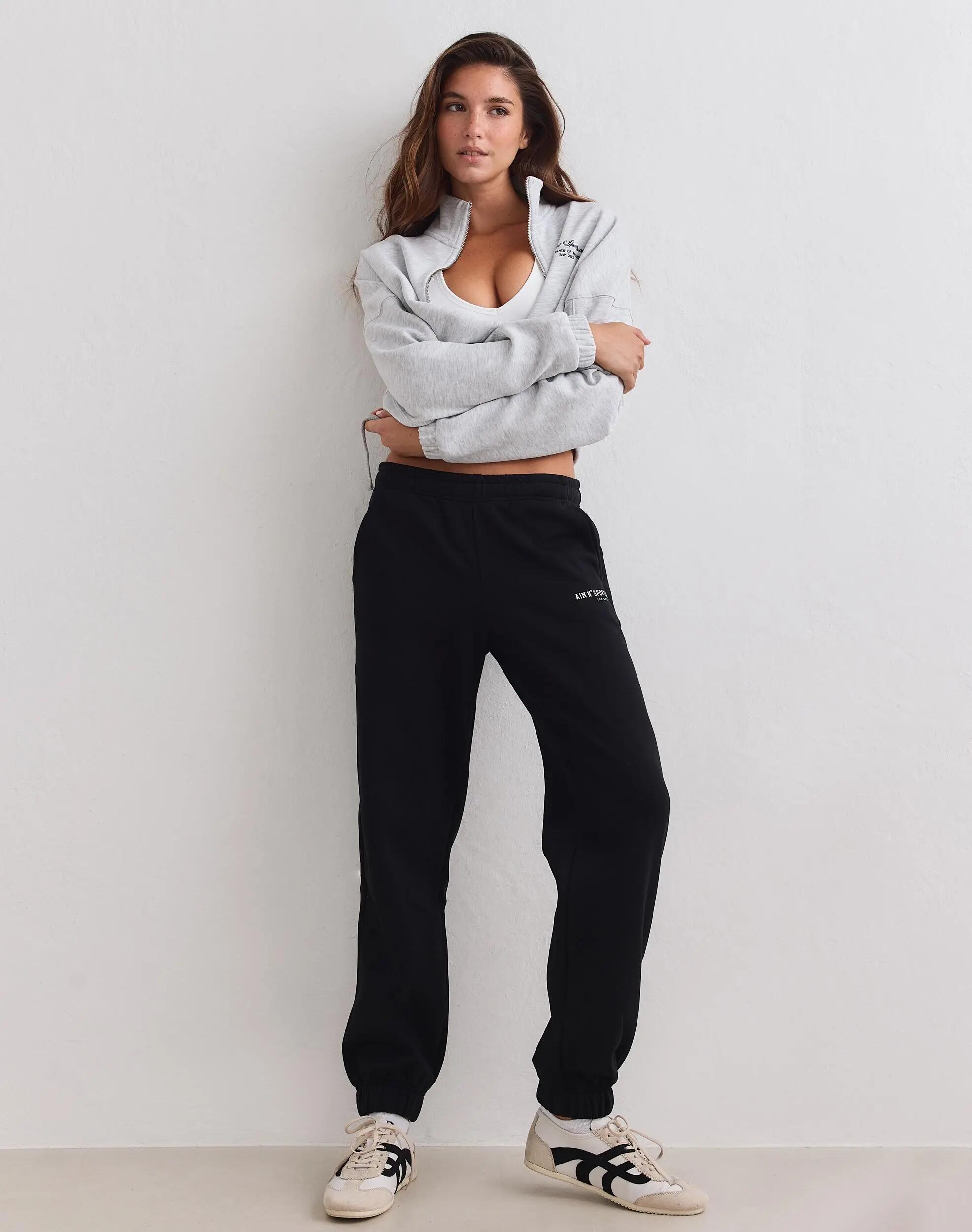 Femme Pantalon de Survêtement Jersey Gratté Taille Mi-Haute Classique Noir 6/6