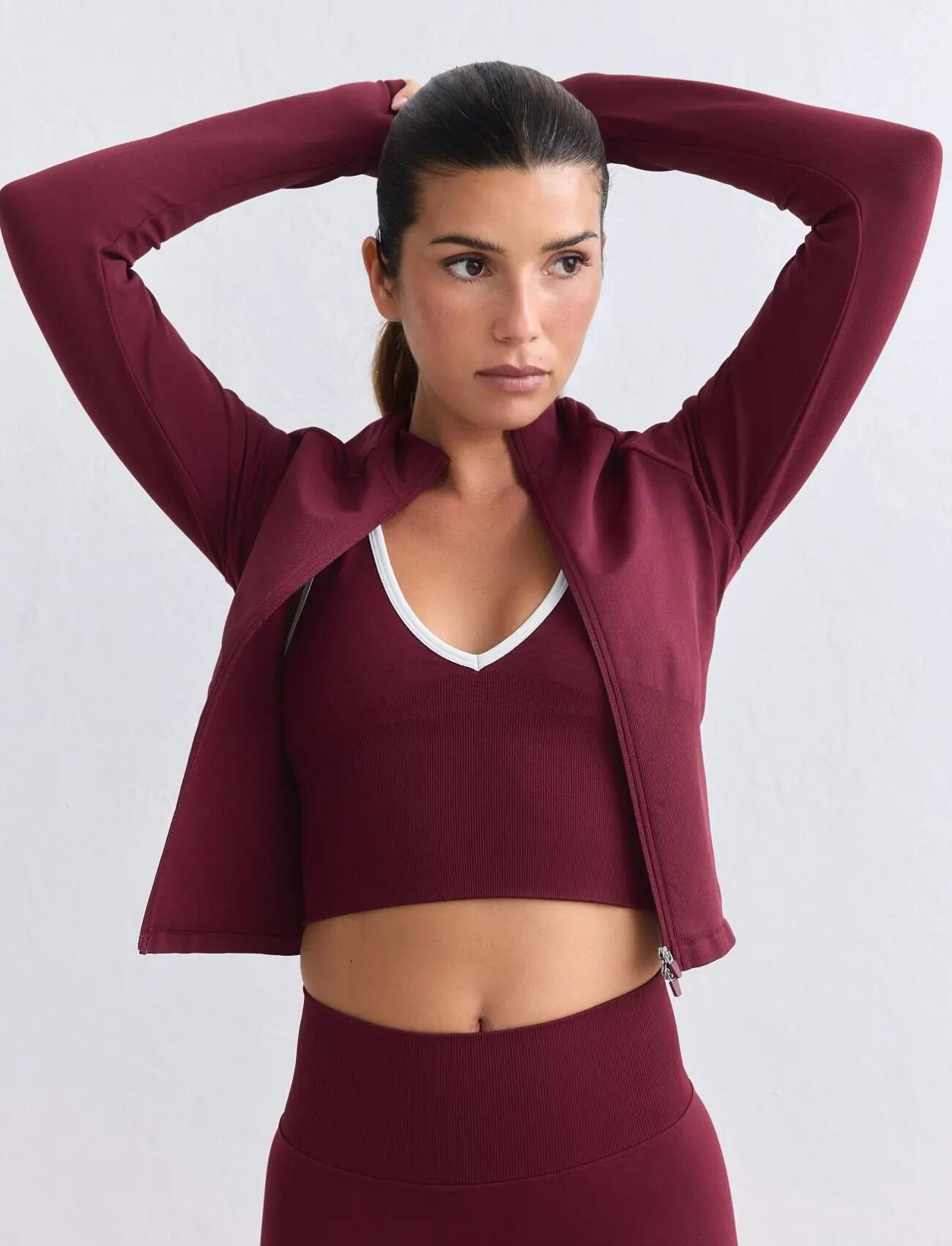 Femme Veste zippée Manches longues Sans coutures Ajustée Shape Rouge merlot 5/7