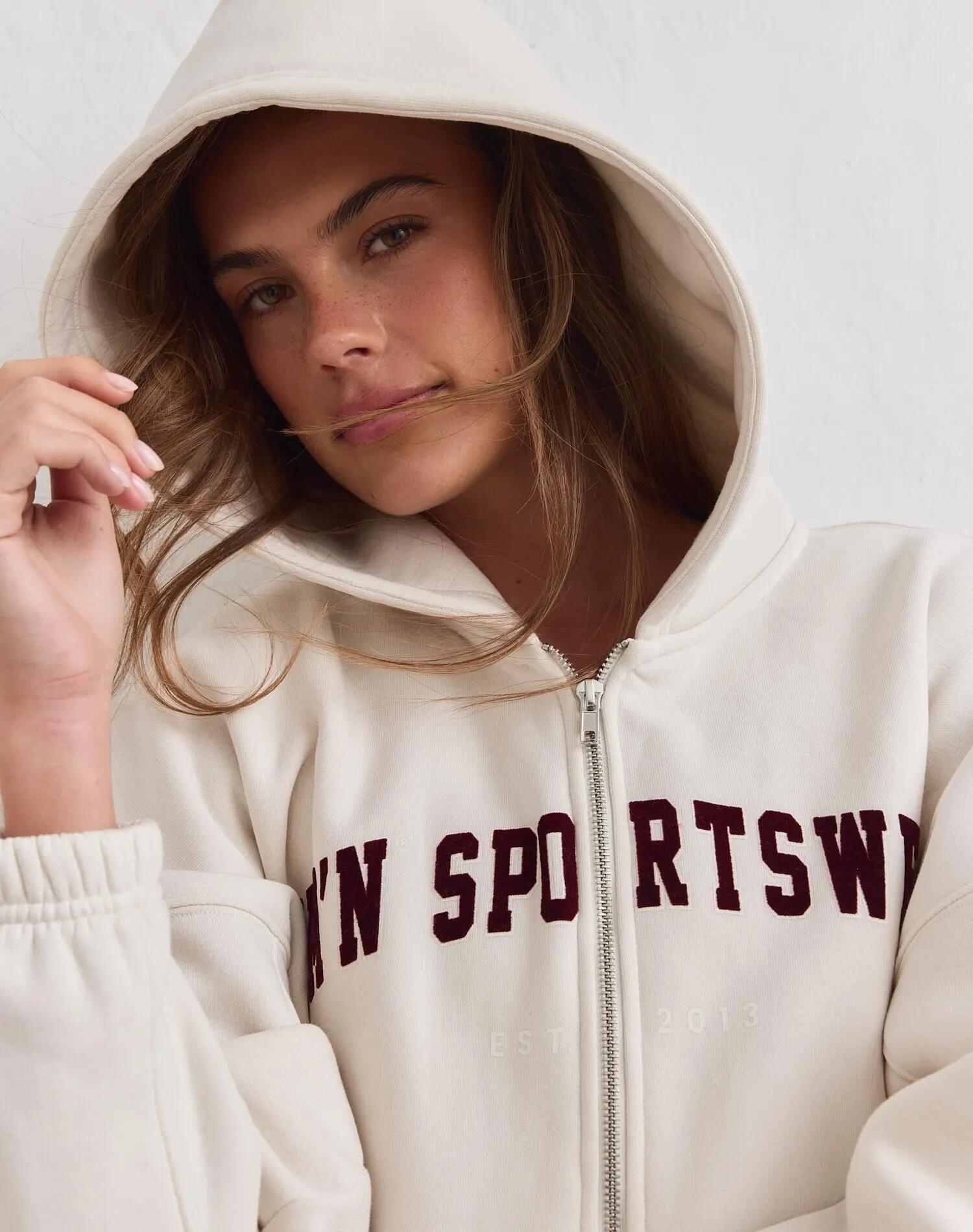 Femme Sweat à Capuche Zippé Universitaire Crème 6/7