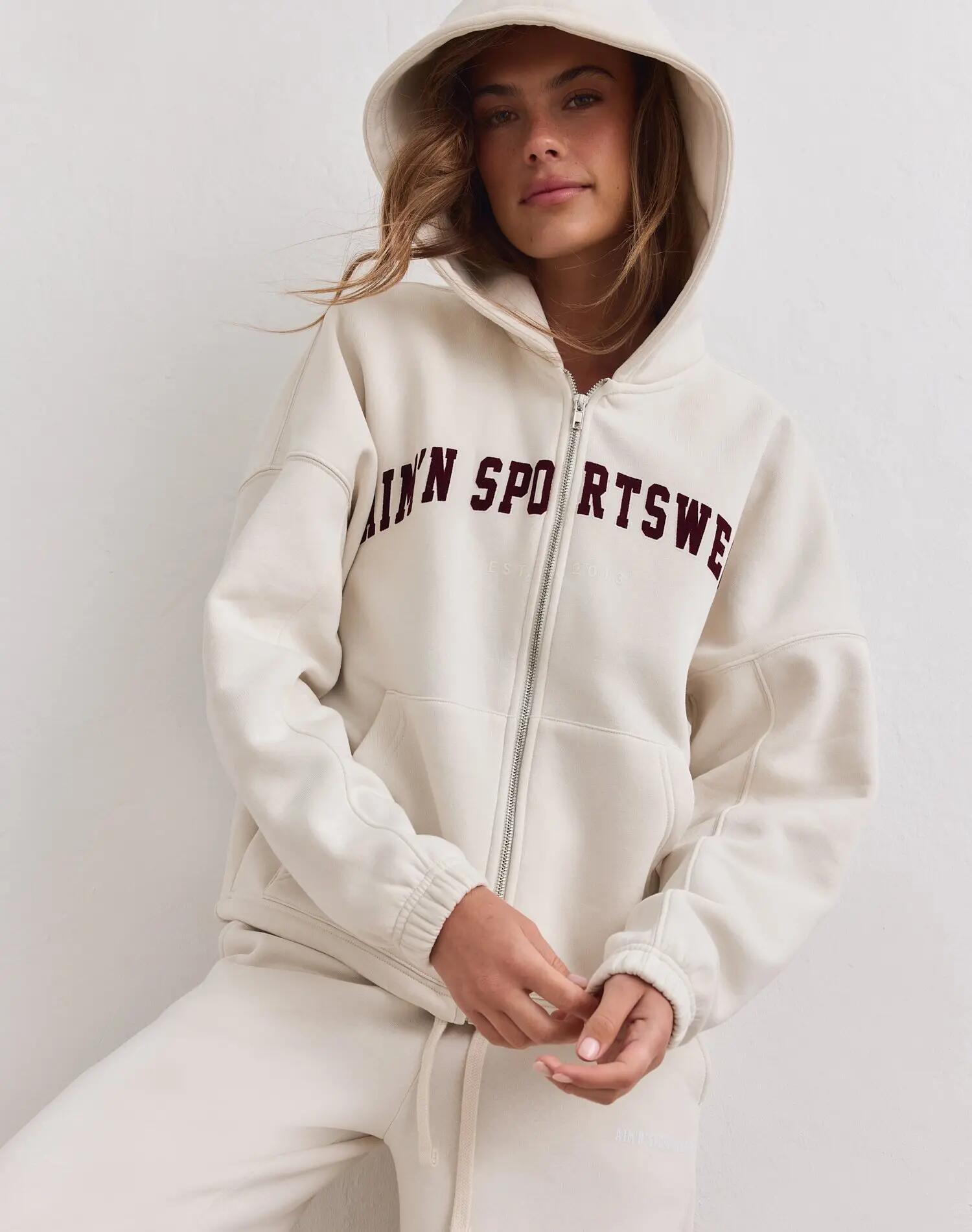 Femme Sweat à Capuche Zippé Universitaire Crème 5/7