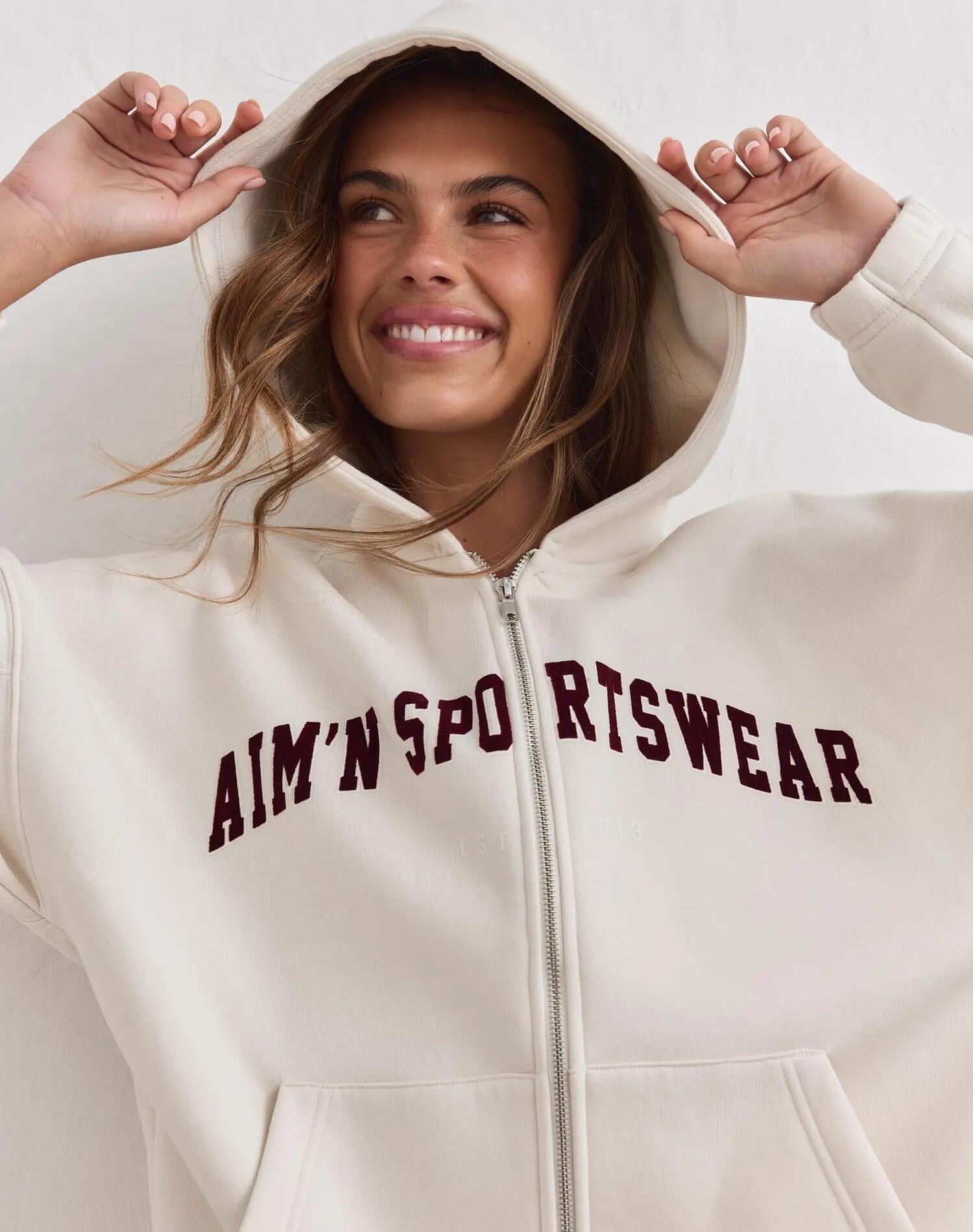 Femme Sweat à Capuche Zippé Universitaire Crème 2/7