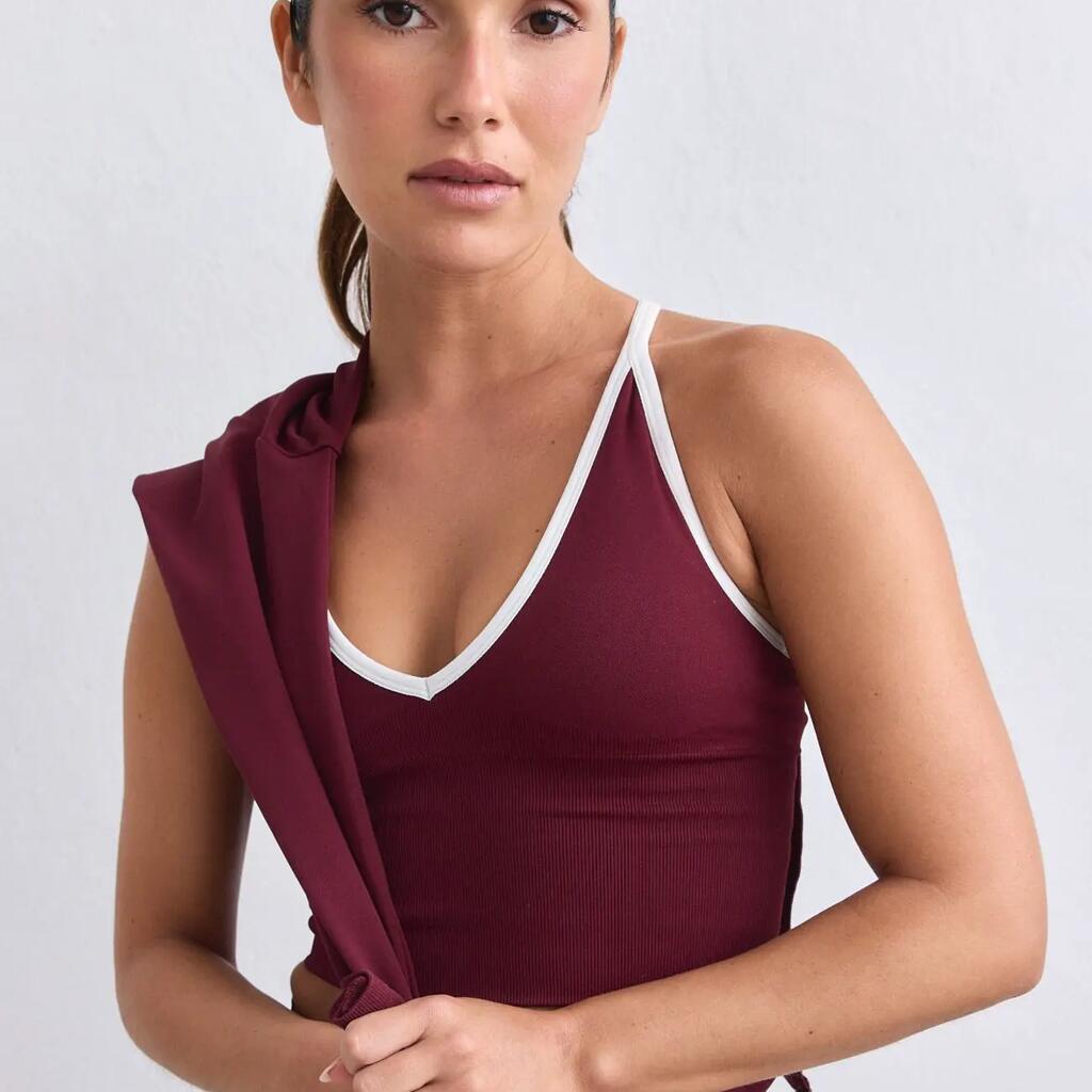 Women's Sports Bra Seamless Cross Back Removable Pads Shape Merlot Red