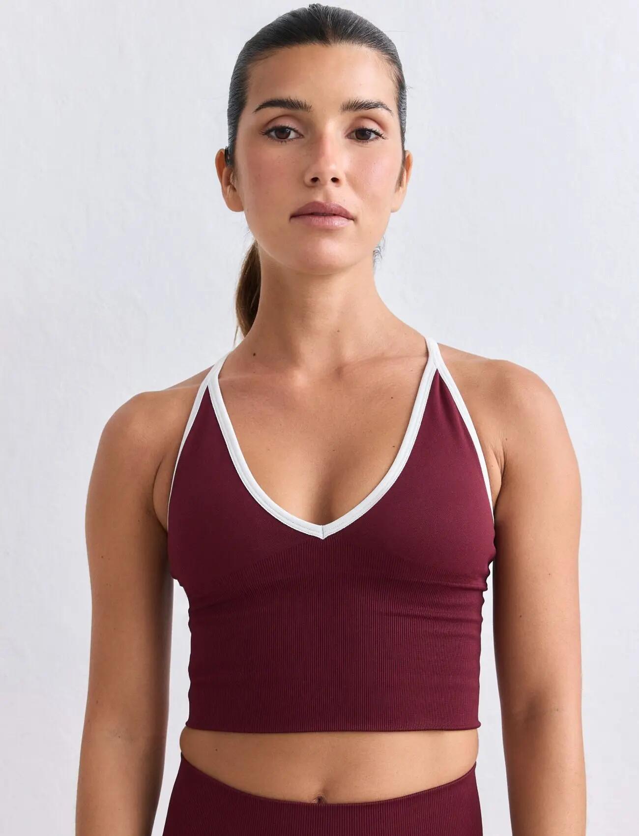 Damen Sport-BH Nahtlos Überkreuzter Rücken Herausnehmbare Einlagen Shape Weinrot 3/7