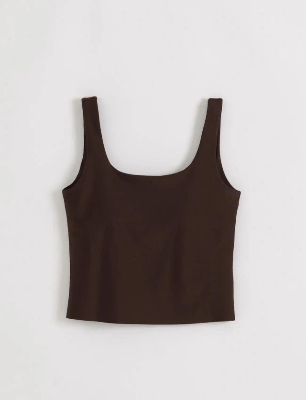 Mujer Camiseta Tirantes Ajustada Copas Extraíbles Brillante Chocolate 7/7