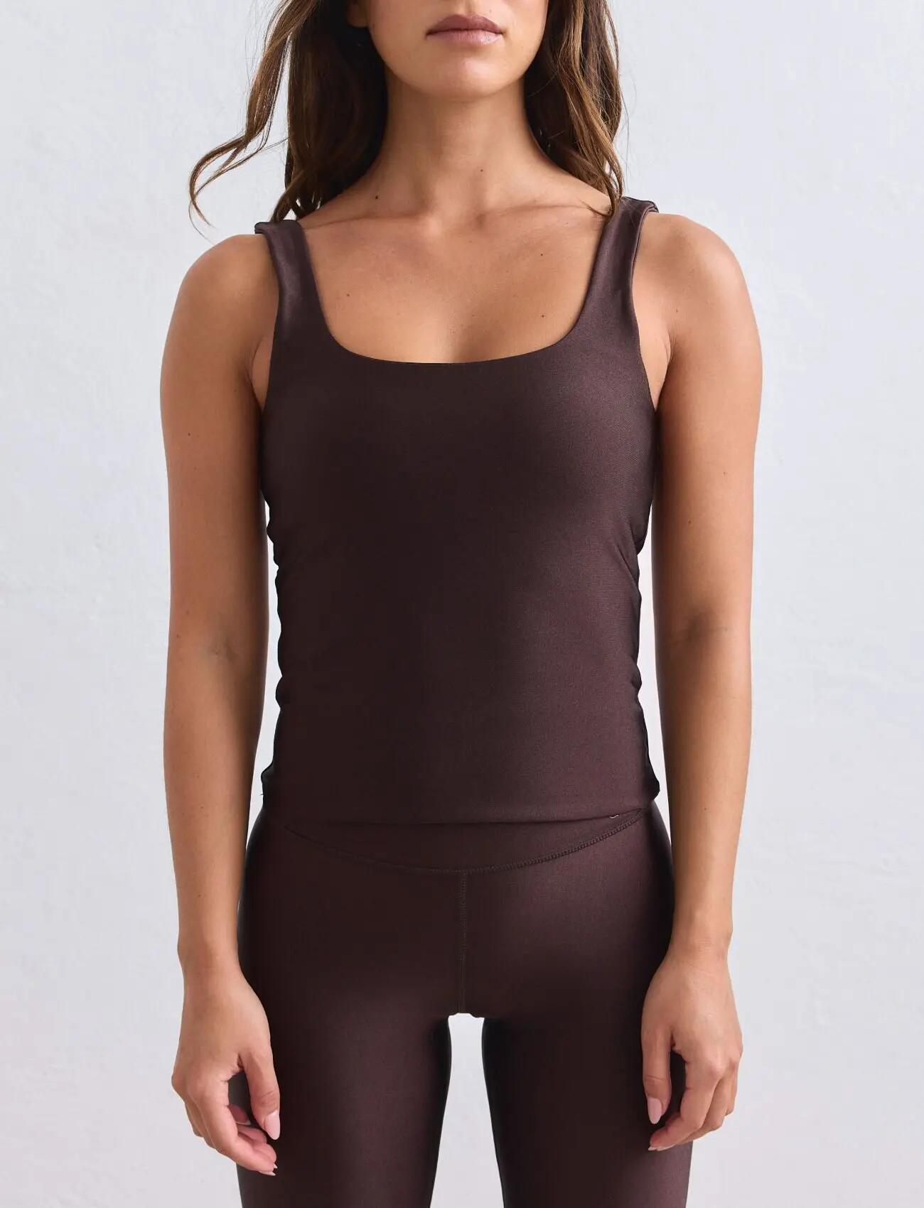 Mujer Camiseta Tirantes Ajustada Copas Extraíbles Brillante Chocolate 2/7