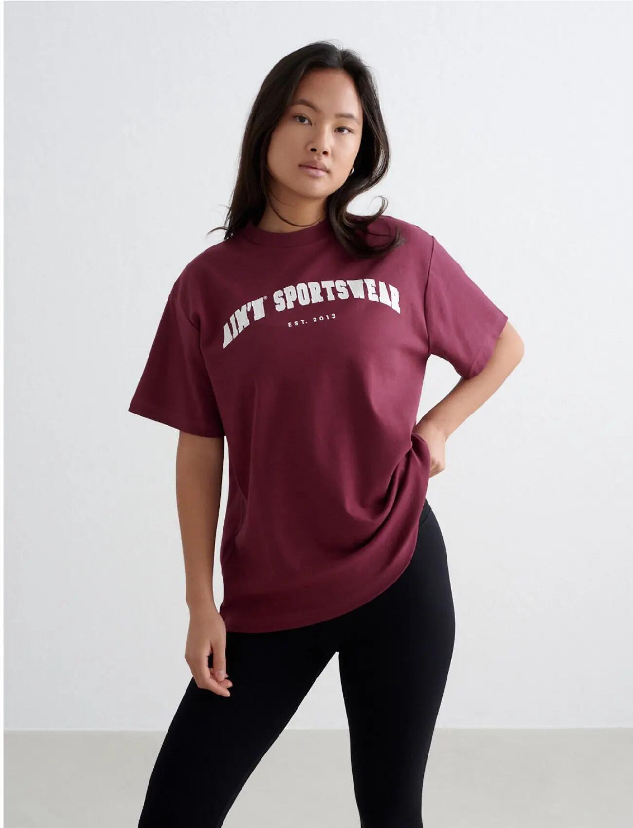 Damen T-Shirt Weit Collegestil Herrenschnitt Burgunderrot 4/5