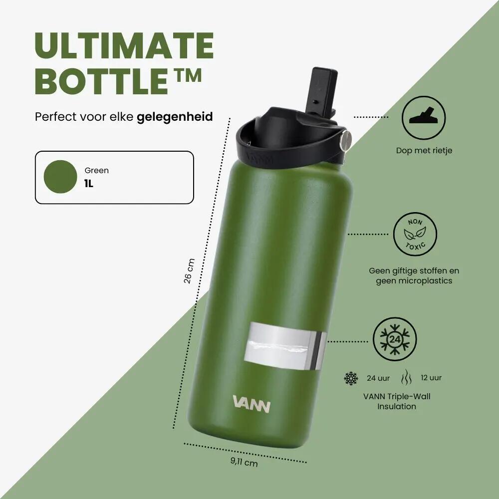 Drinkfles - Ultimate Bottle 1 L - 3-wandig RVS met rietje - Groen 9/12
