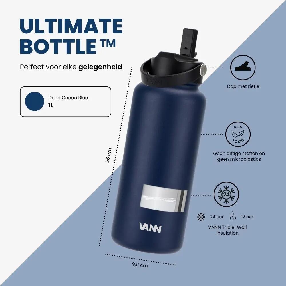 Drinkfles - Ultimate Bottle 1 L - 3-wandig RVS met rietje - Blauw 3/12