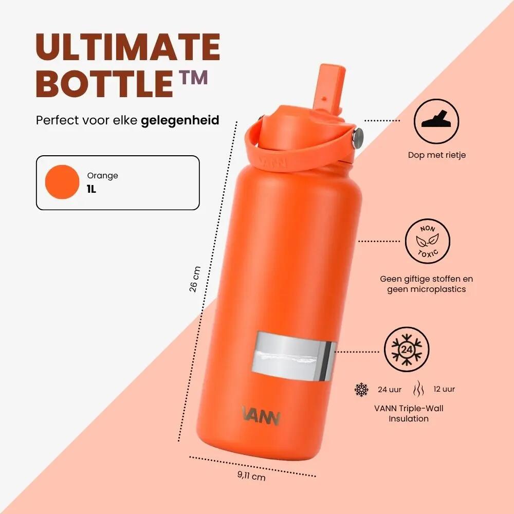 Drinkfles - Ultimate Bottle 1 L - 3-wandig RVS met rietje - Oranje 10/12