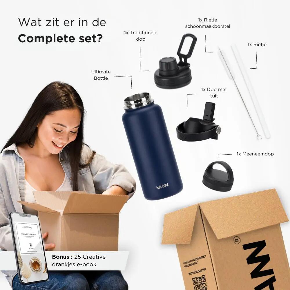 Drinkfles - Ultimate Bottle 1 L - 3-wandig RVS met rietje - Blauw 10/12