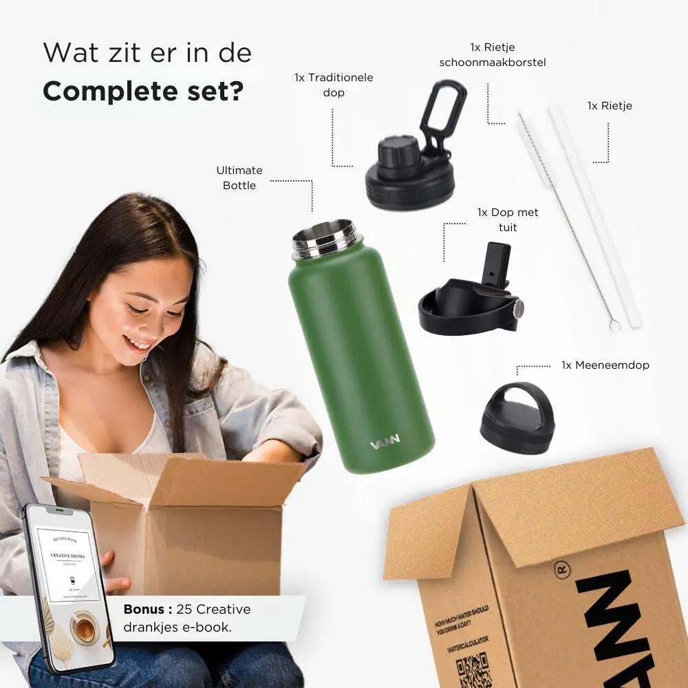 Drinkfles - Ultimate Bottle 1 L - 3-wandig RVS met rietje - Groen 10/12