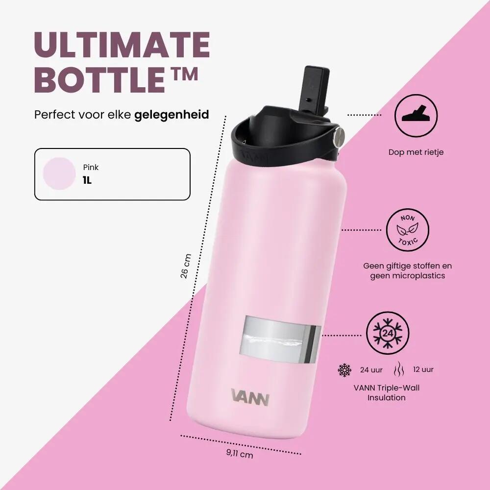 Drinkfles - Ultimate Bottle 1 L - 3-wandig RVS met rietje - Roze 9/12