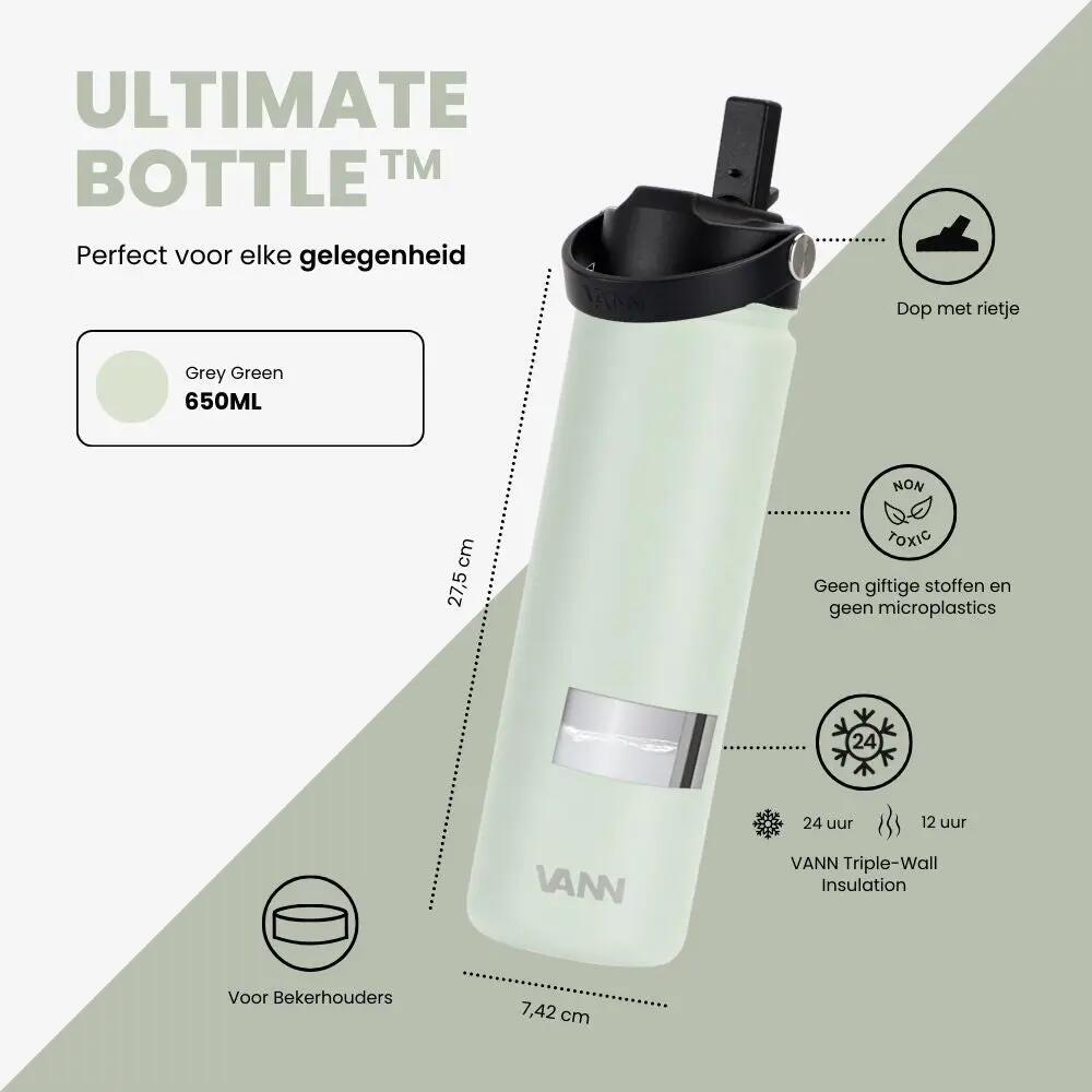 Drinkfles - Ultimate Bottle 650 ML - 3-wandig RVS met rietje - Grijsgroen 8/12