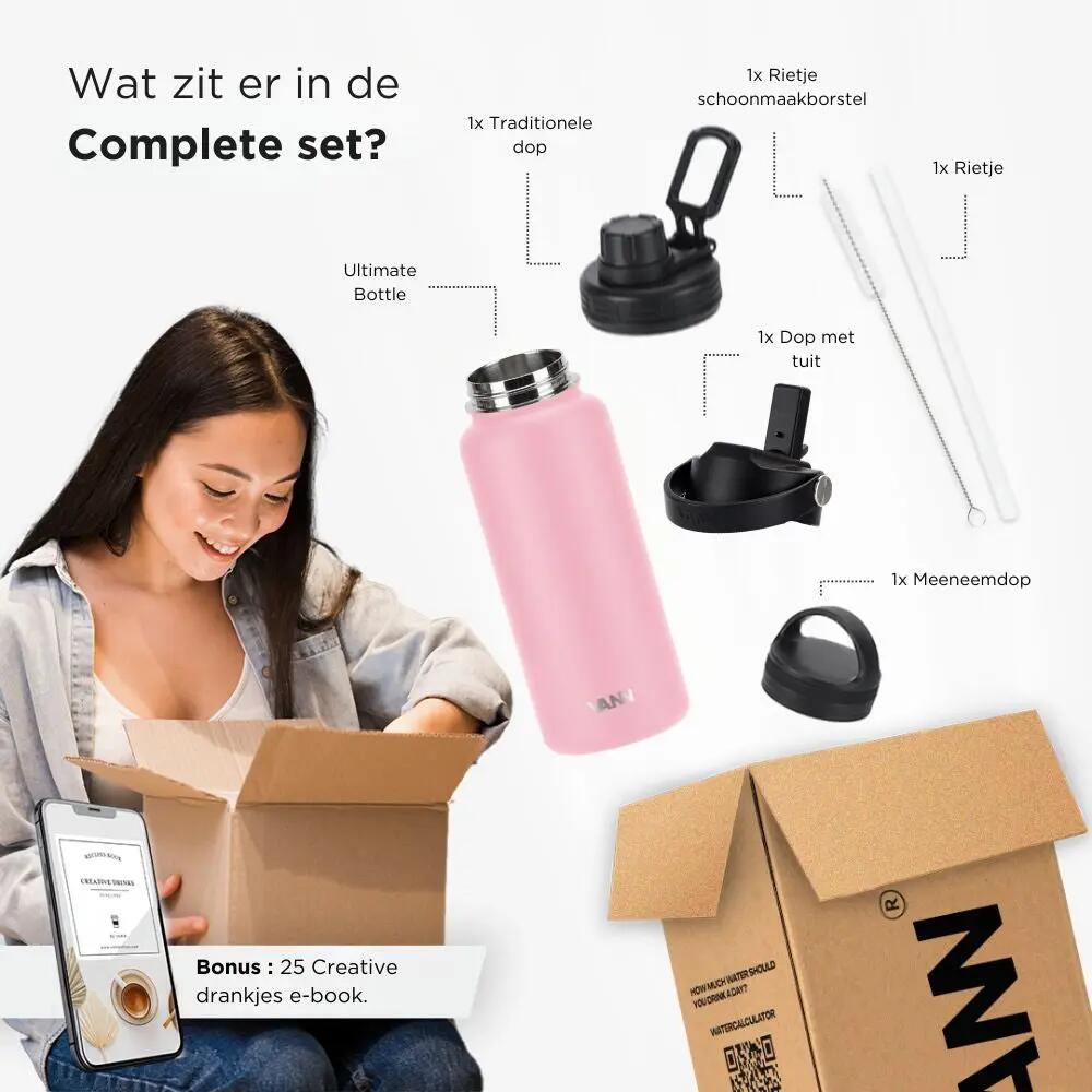Drinkfles - Ultimate Bottle 1 L - 3-wandig RVS met rietje - Roze 10/12