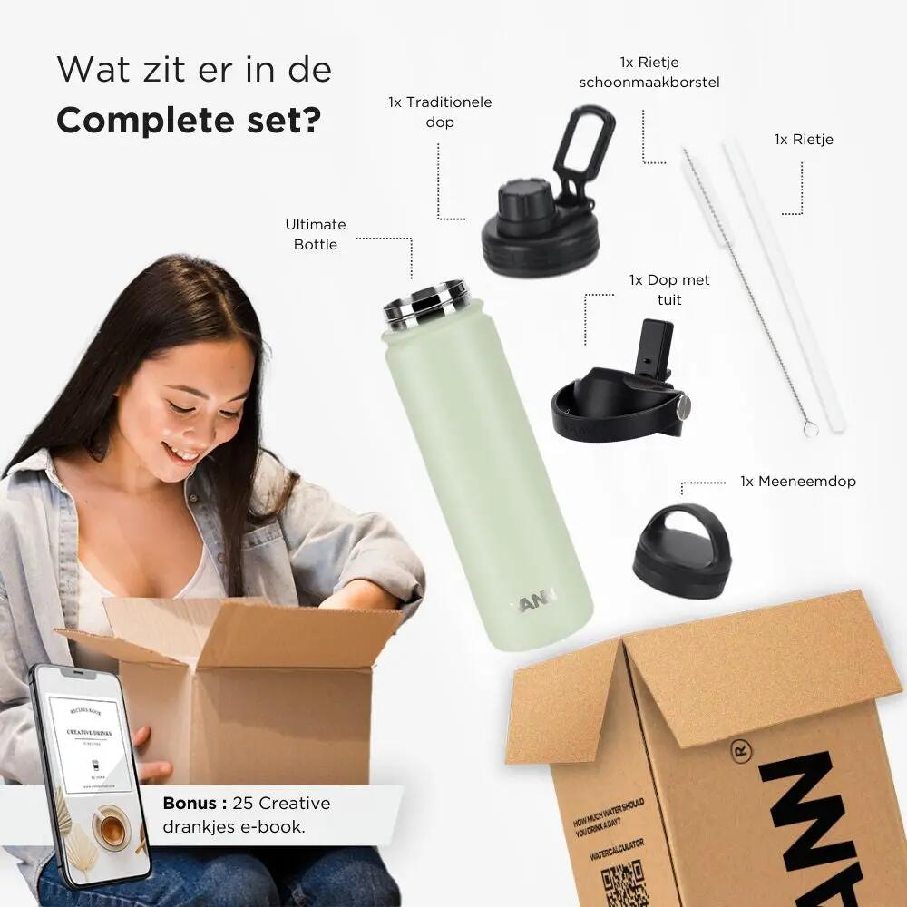 Drinkfles - Ultimate Bottle 650 ML - 3-wandig RVS met rietje - Grijsgroen 10/12