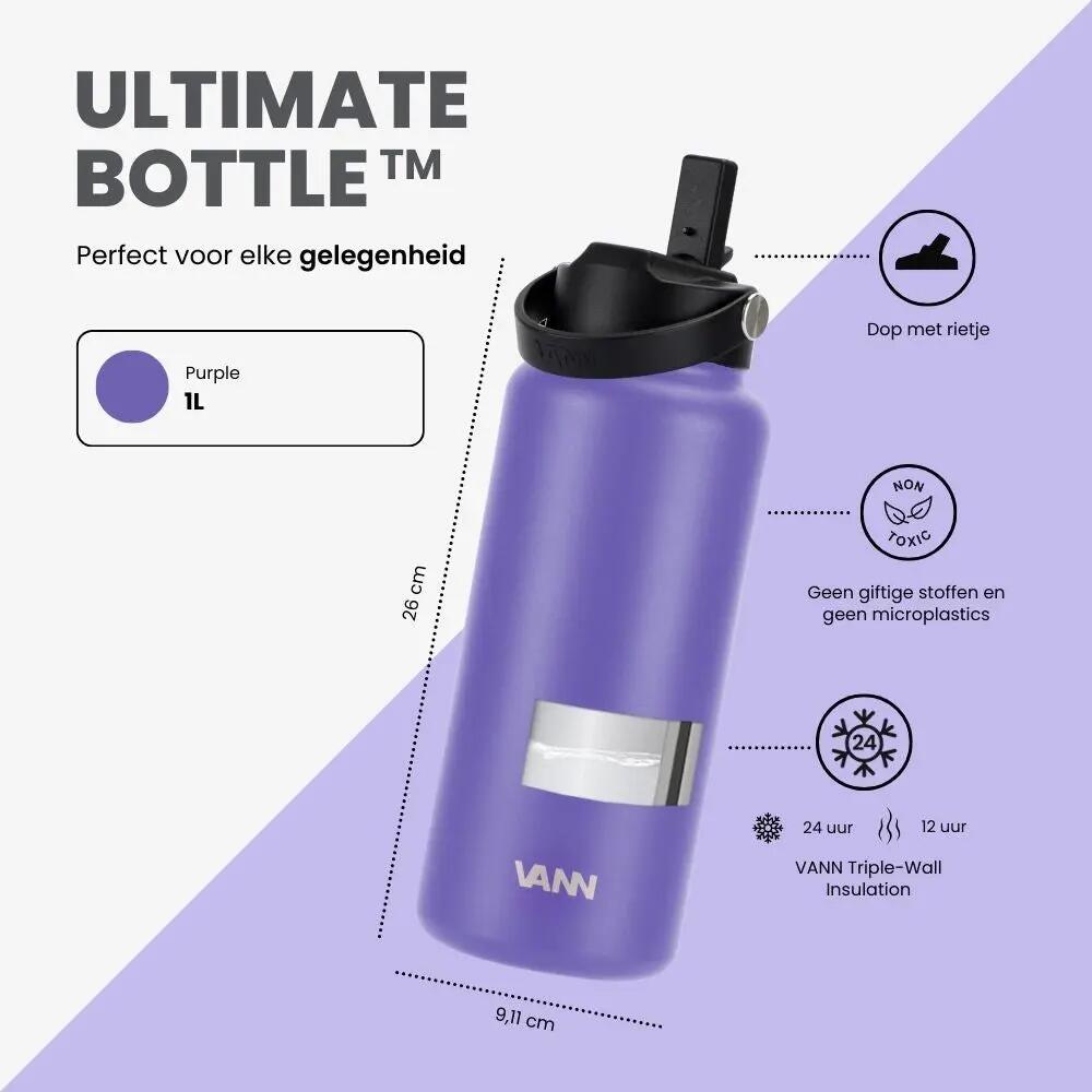 RVS drinkfles met rietje - Ultimate Bottle 1 L - Paars 3/12