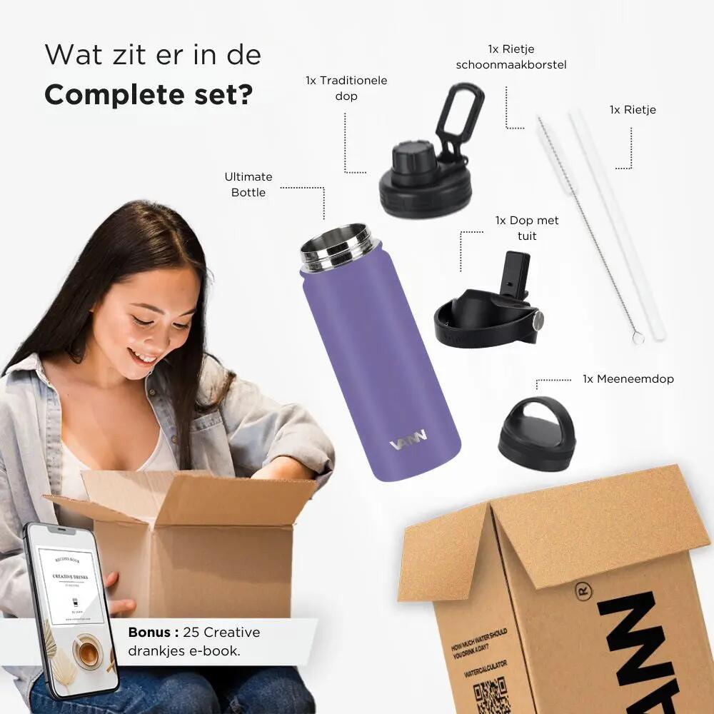 RVS drinkfles met rietje - Ultimate Bottle 1 L - Paars 10/12