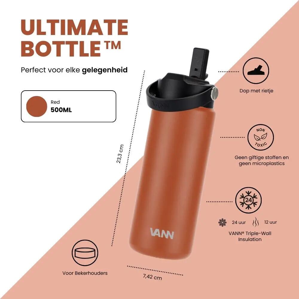 RVS drinkfles met rietje - Ultimate Bottle 500 ml - Rood 3/12