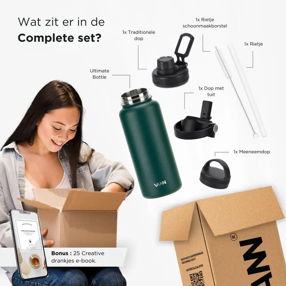 Drinkfles - Ultimate Bottle 1 L - 3-wandig RVS met rietje - Dark Forest 10/12