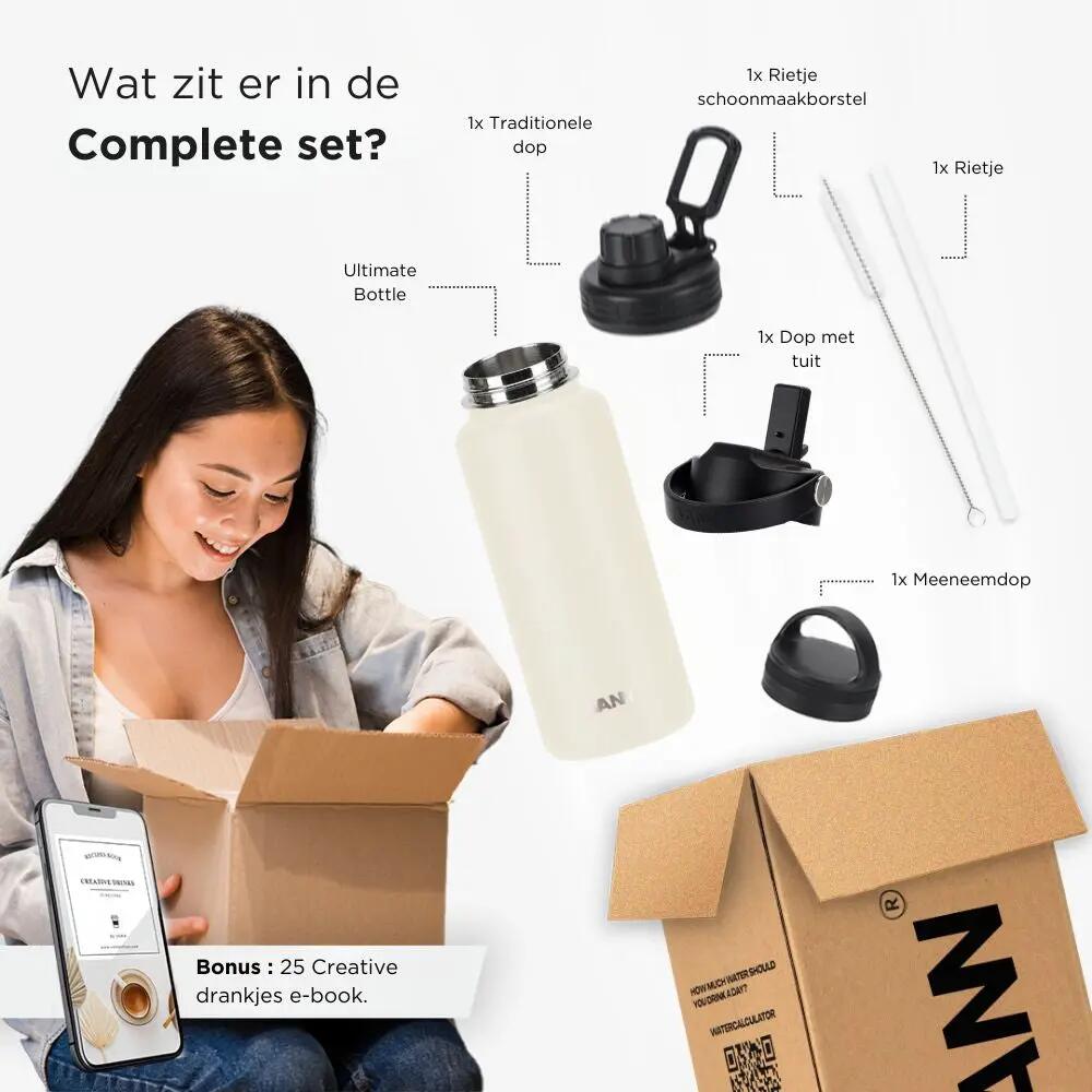 RVS drinkfles met rietje - Ultimate Bottle 1 L - Off-white 10/12