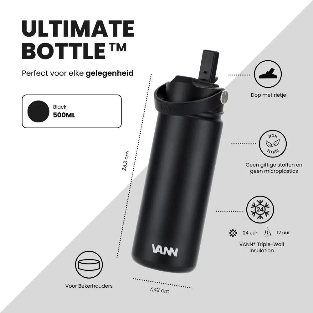 Drinkfles - Ultimate Bottle 500 ML - 3-wandig RVS met rietje - Zwart 8/12