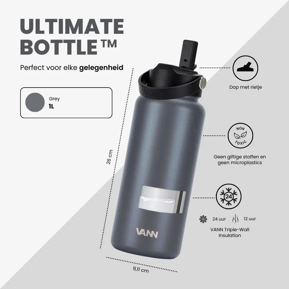 Drinkfles - Ultimate Bottle 1 L - 3-wandig RVS met rietje - Grijs 3/12