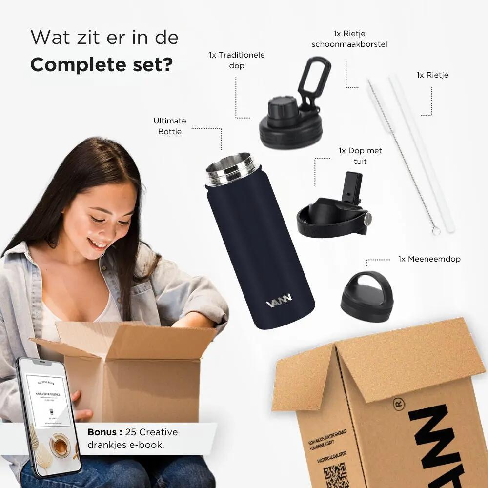 Drinkfles - Ultimate Bottle 500 ML - 3-wandig RVS met rietje - Zwart 10/12