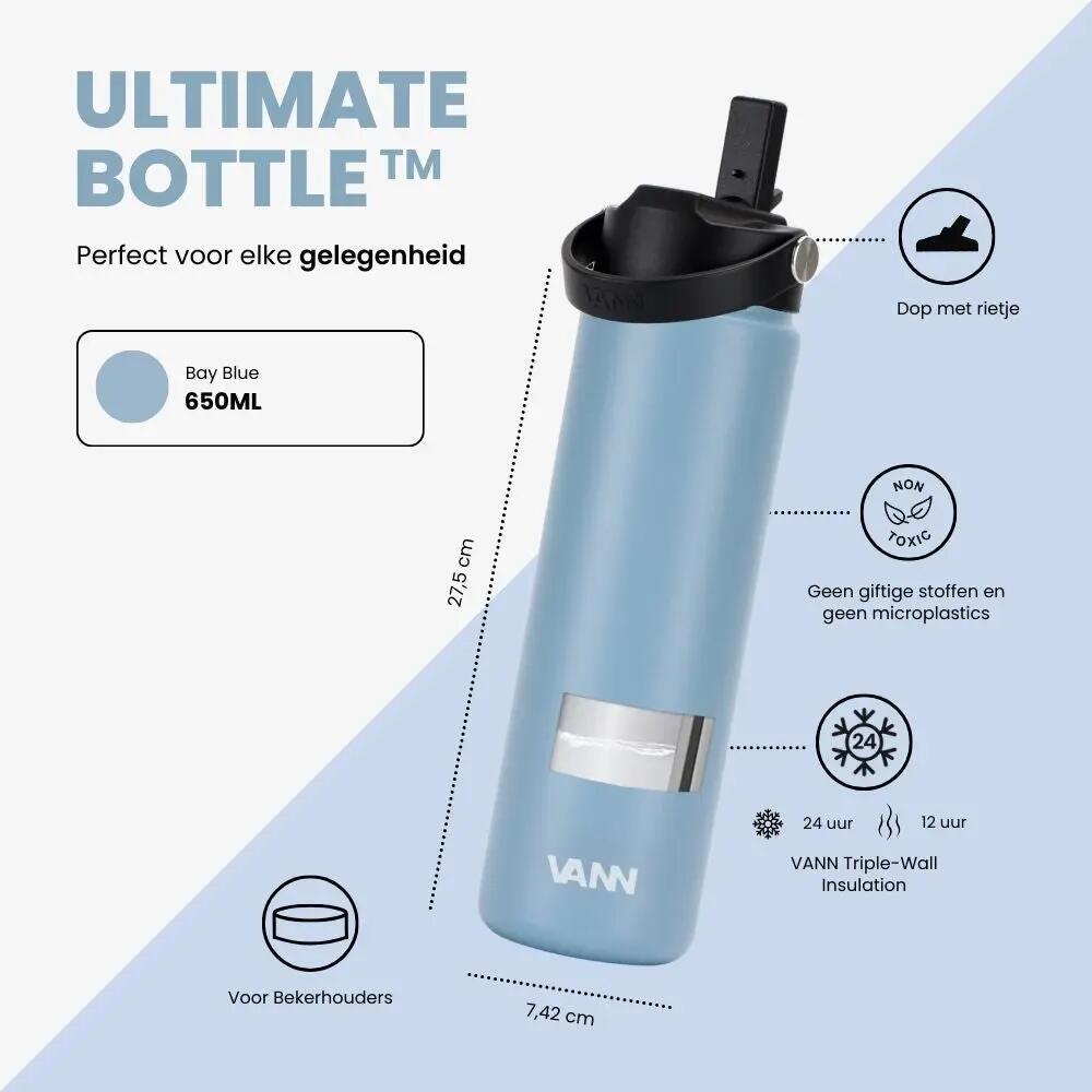 Drinkfles - Ultimate Bottle 650 ML - 3-wandig RVS met rietje - Bay Blue 3/12