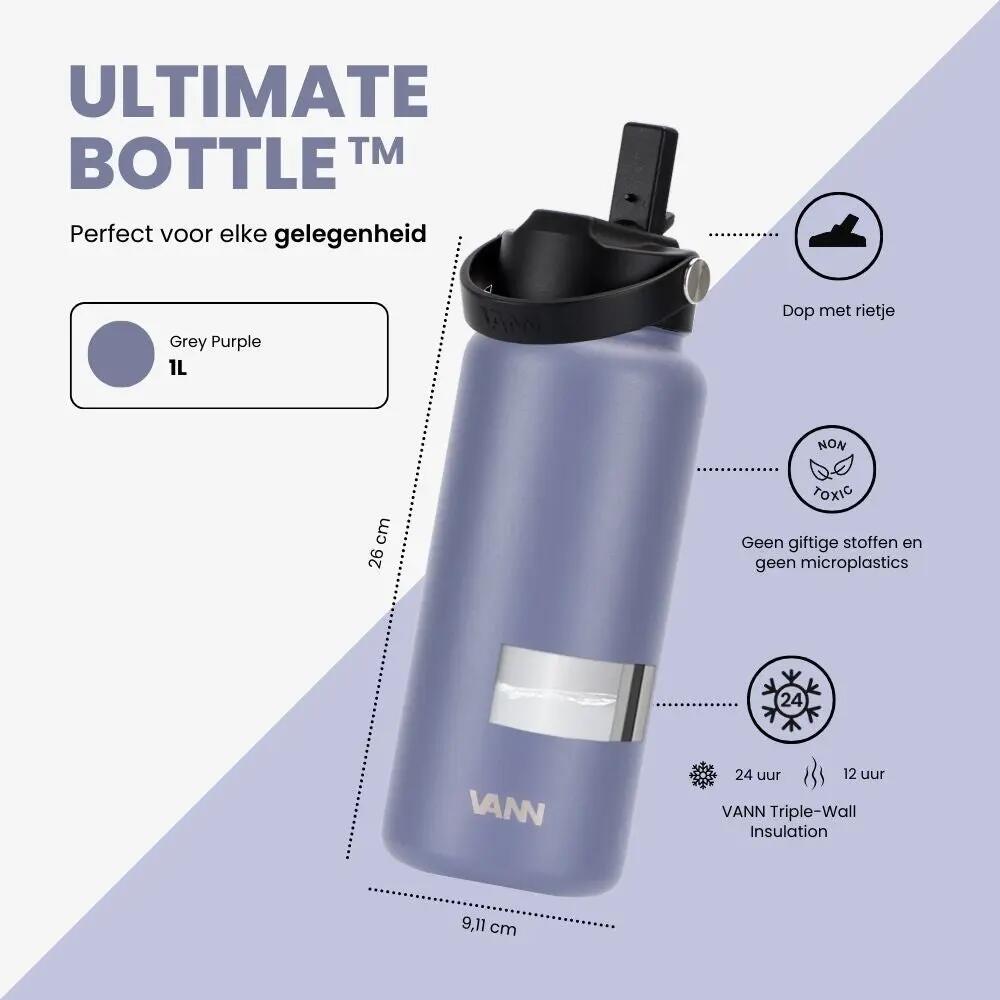 Drinkfles - Ultimate Bottle 1 L - 3-wandig RVS met rietje - Lavender Grey 9/12